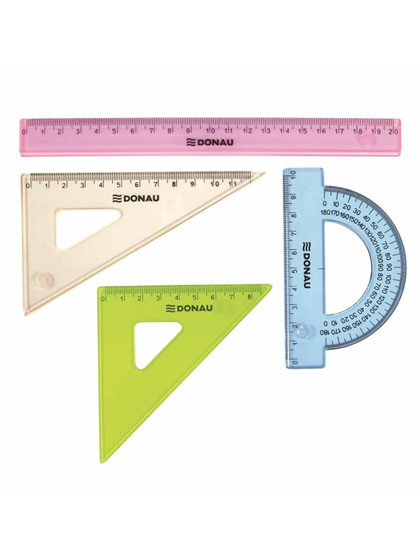 Set geometrie mic, contine: rigla 20cm, raportor, echer 10.5cm, echer 15cm, DONAU - culori asortate